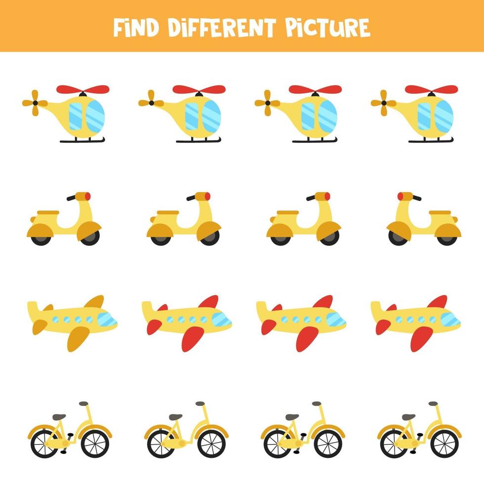 Find transport which is different from others. Transport themed worksheet. vector