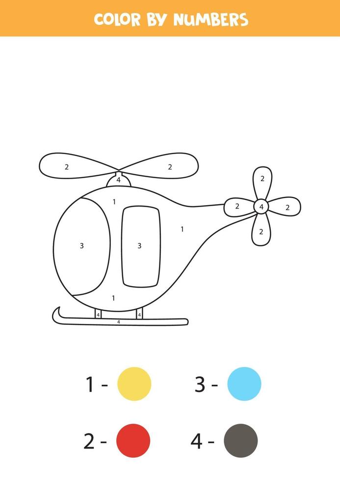 Color cartoon helicopter by numbers. Transportation worksheet. vector