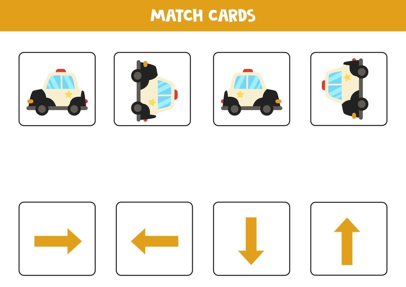 Left, right, up or down. Spatial orientation with cartoon police car. vector