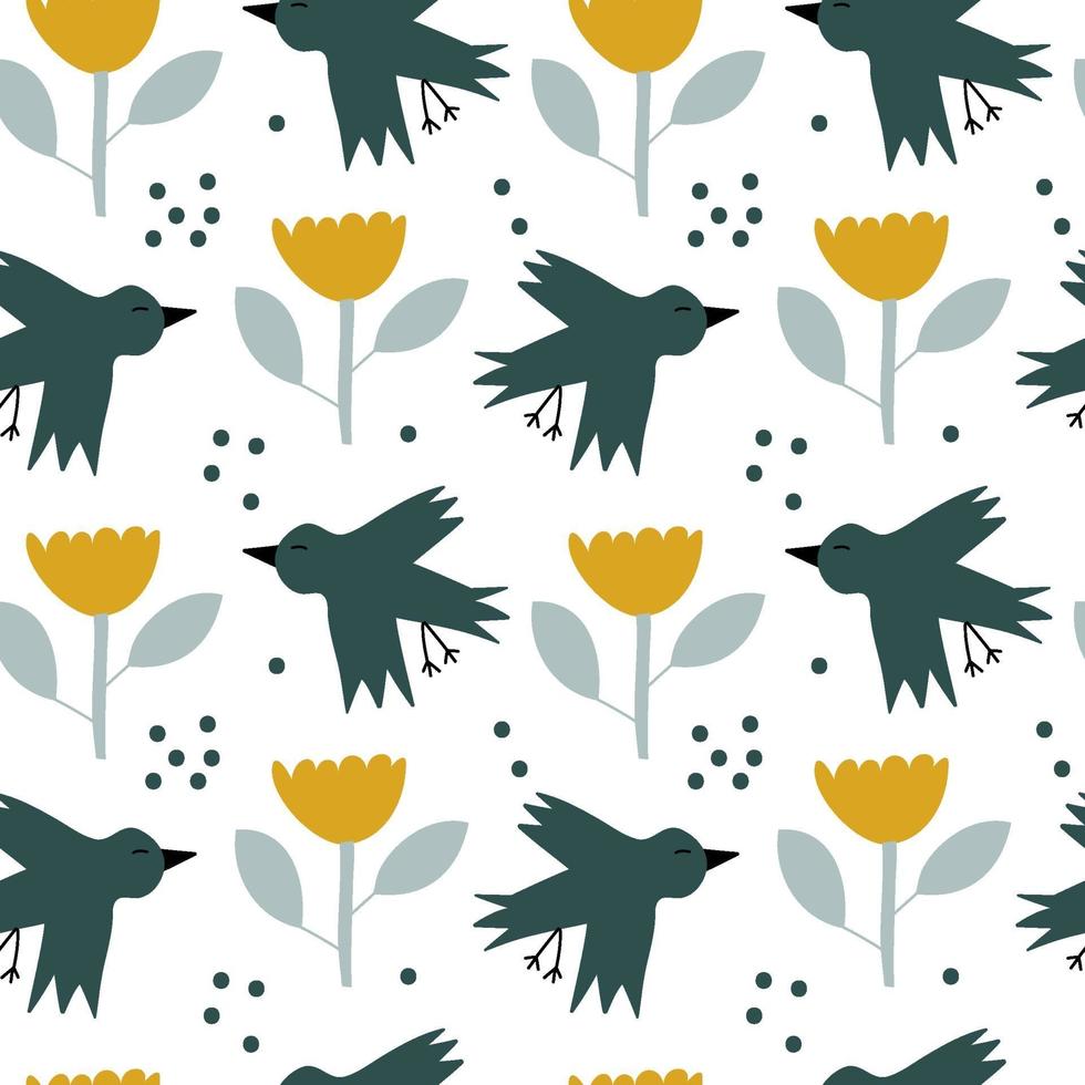 Vector kids seamless background spring pattern with scandinavian bird and flower for baby shower, summer textile design. Simple texture for nordic wallpaper, fills, web page background.