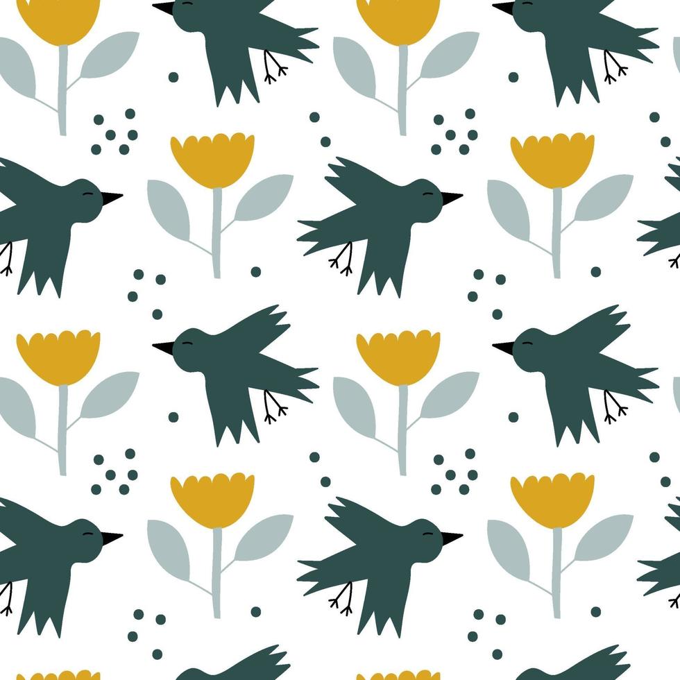 Vector kids seamless background spring pattern with scandinavian bird and flower for baby shower, summer textile design. Simple texture for nordic wallpaper, fills, web page background.