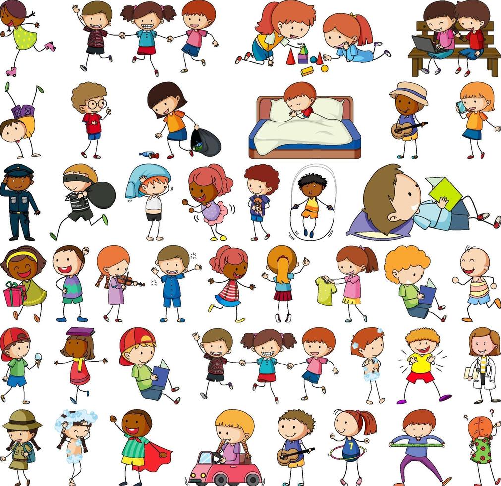 Set of different doodle kids cartoon character isolated vector