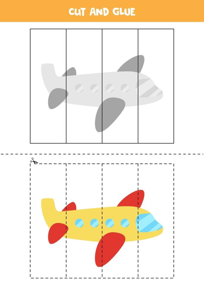 juego de cortar y pegar para niños con avión de dibujos animados. práctica de corte para preescolares. vector