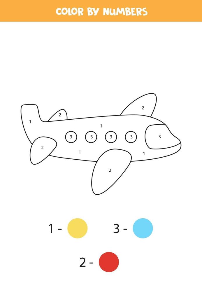 Coloring page with cartoon airplane. Color by numbers. Math game for kids. vector