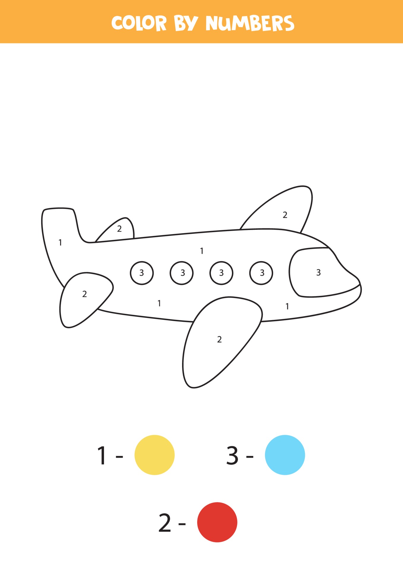 Página para colorear con avión de dibujos animados. colorear por números. juego de matemáticas para niños. 2069914 Vector en