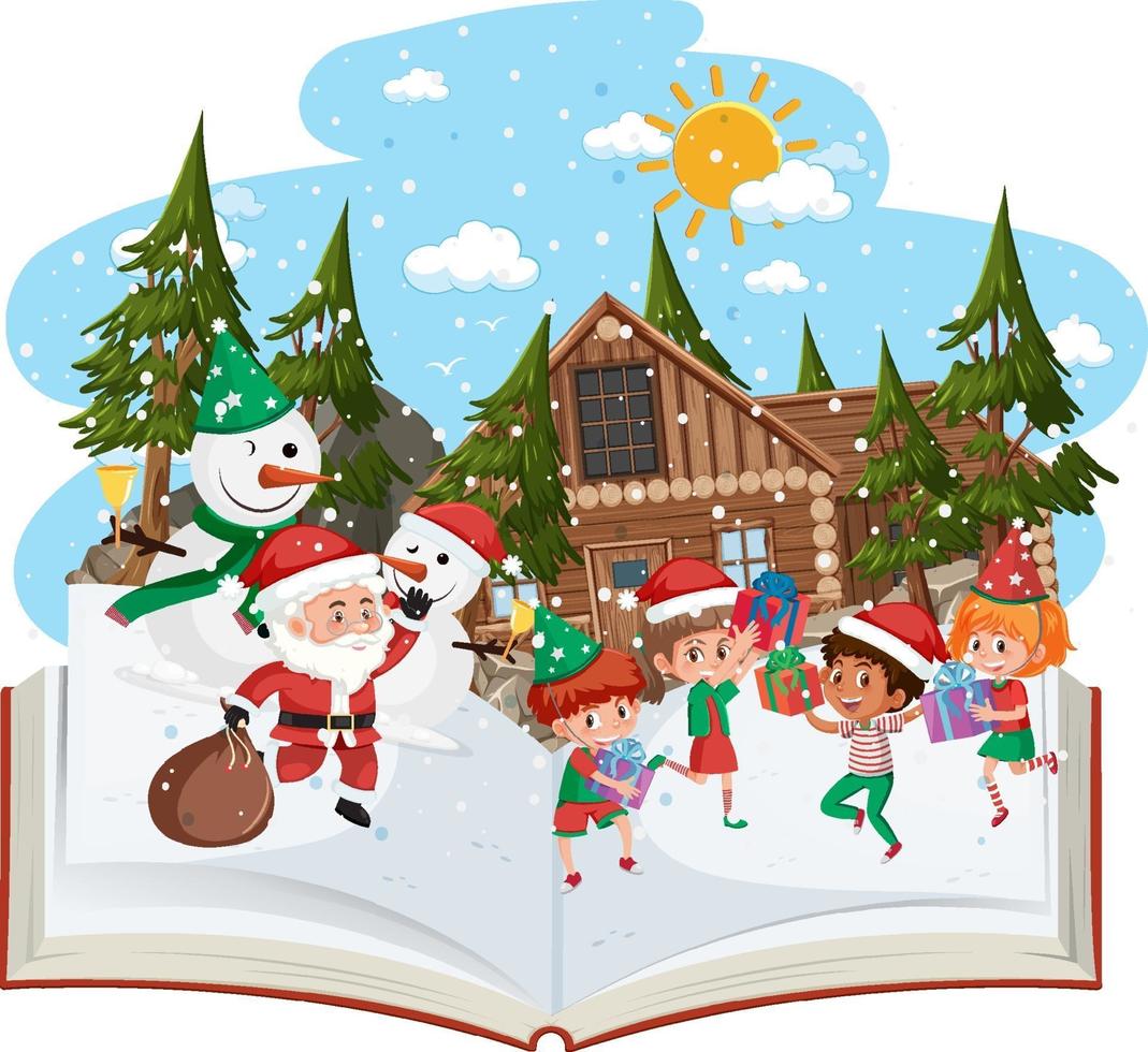 Open book with many children in christmas theme vector