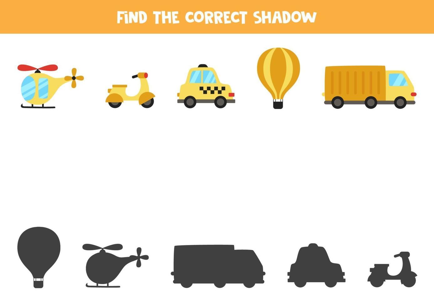 Find the correct shadow of vehicles. Logical puzzle for kids. vector