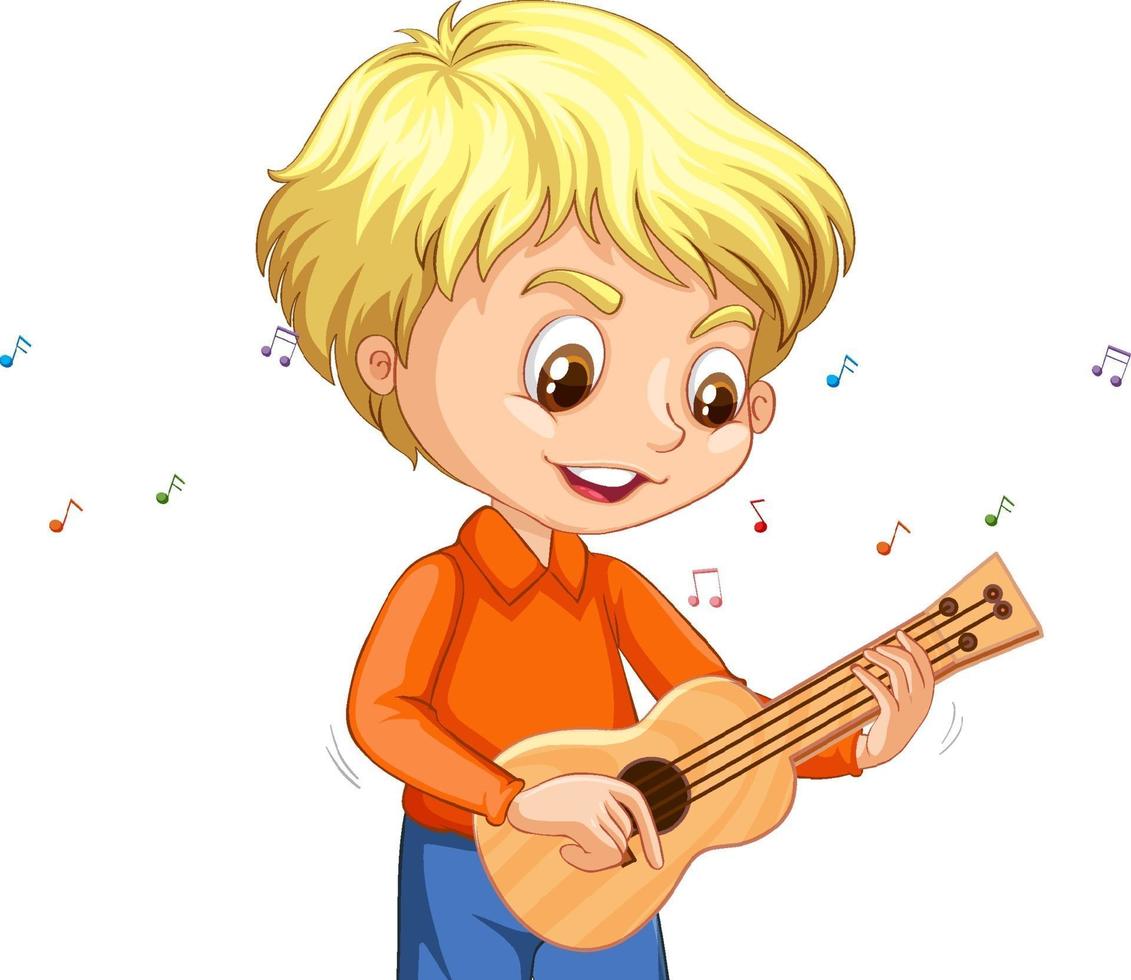 Character of a boy playing ukulele on white background vector