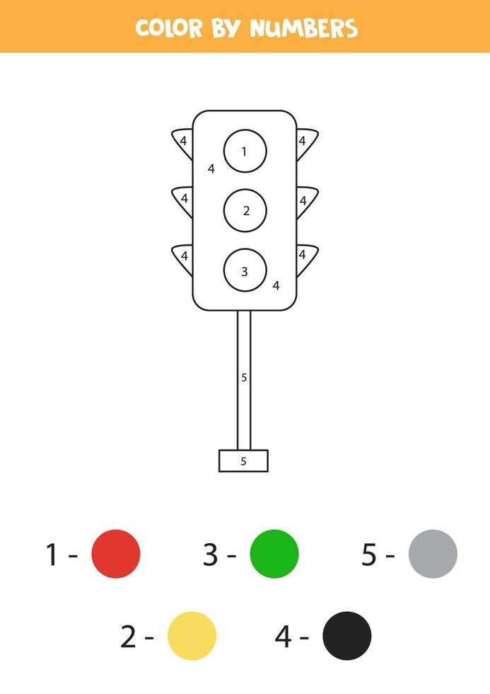 Color cartoon traffic lights by numbers. Transportation worksheet. vector