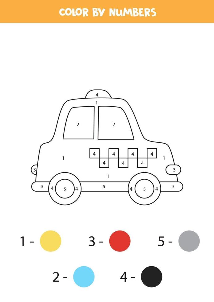 taxi de dibujos animados de color por números. hoja de trabajo de transporte. vector