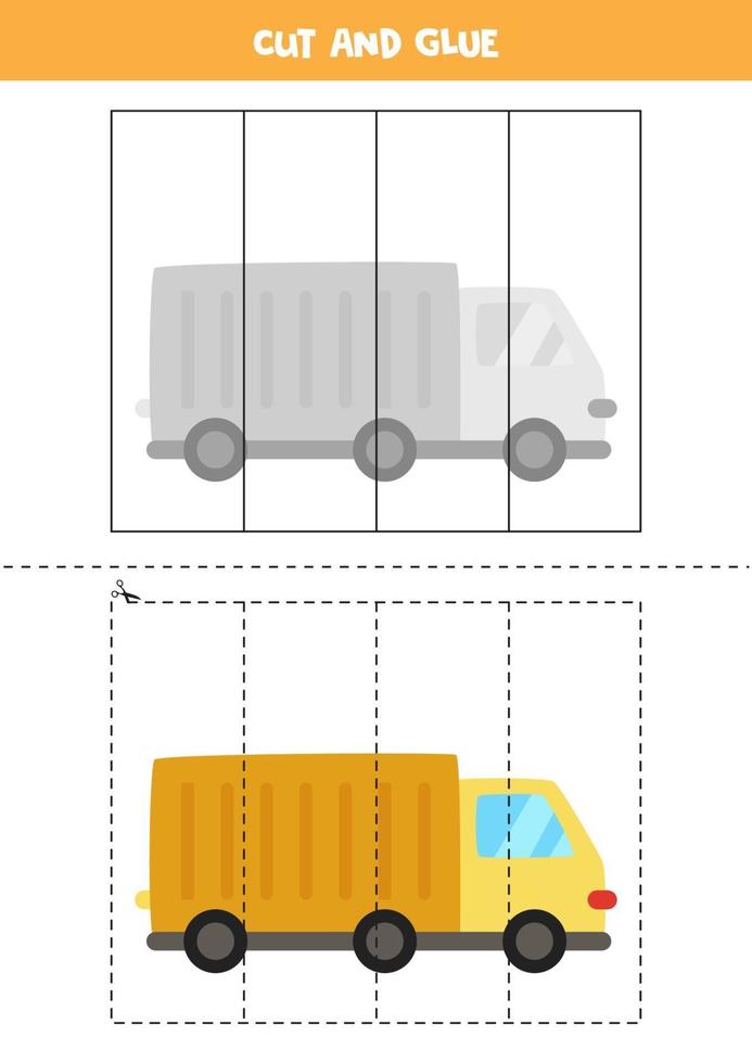 Cut and glue game for kids. Cartoon truck. vector