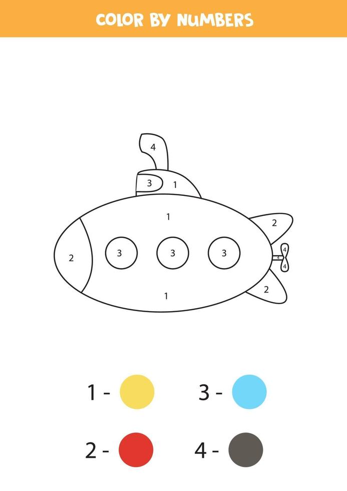 Color cartoon submarine by numbers. Transportation worksheet. vector