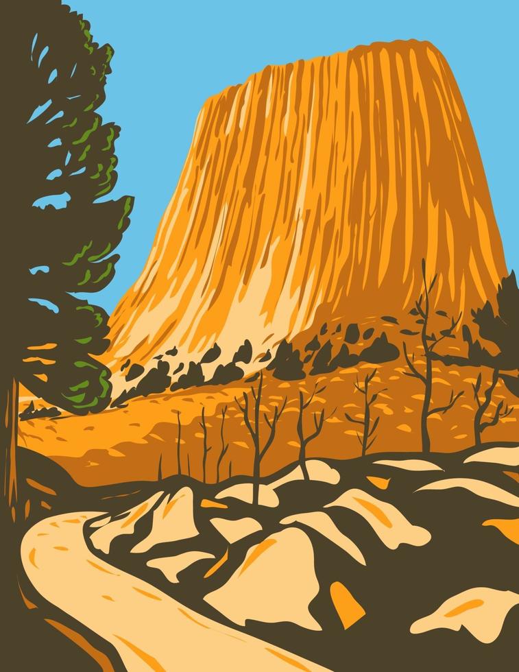 monumento nacional de la torre del diablo en el distrito de guardabosques de bear lodge de las colinas negras en wyoming, wpa poster art vector