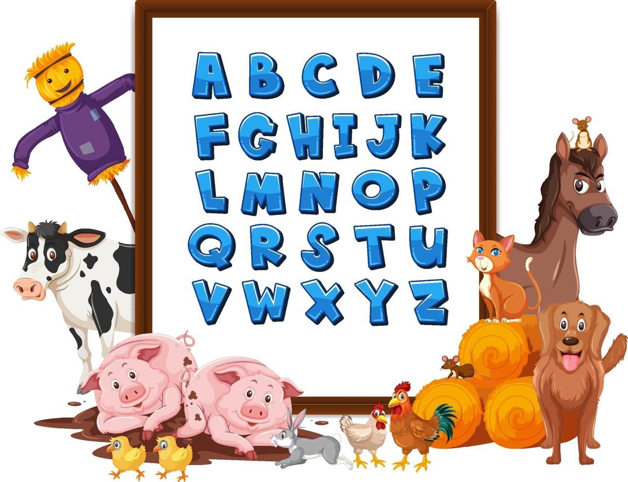 tablero del alfabeto az con animales de granja vector