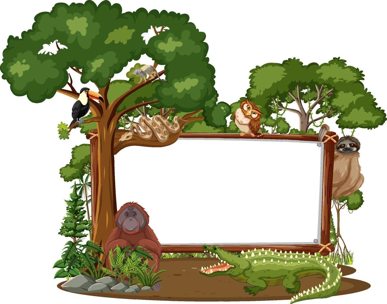 Banner vacío con animales salvajes y árboles de la selva sobre fondo blanco. vector