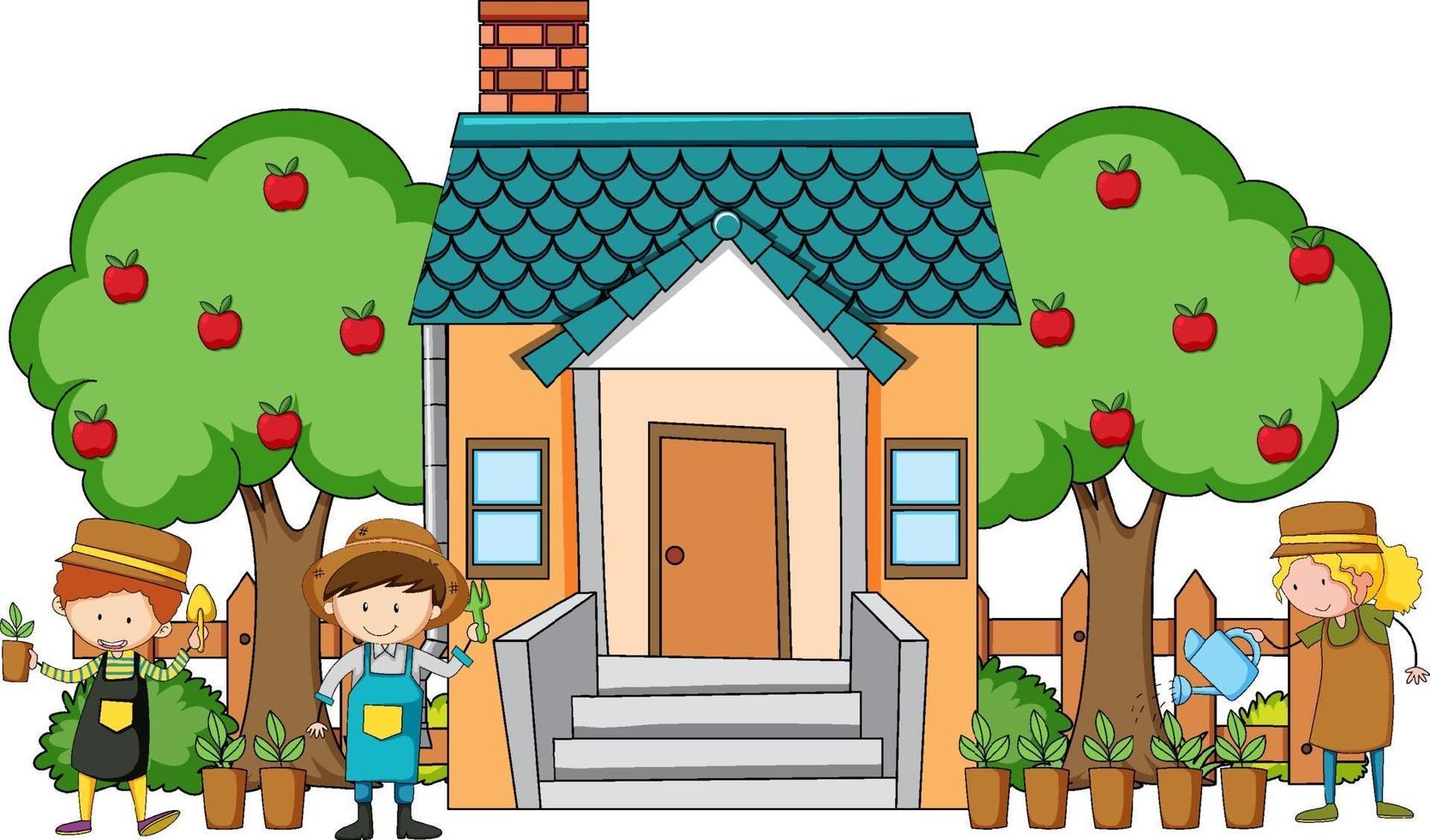 Front view of mini house with many kids on white background vector