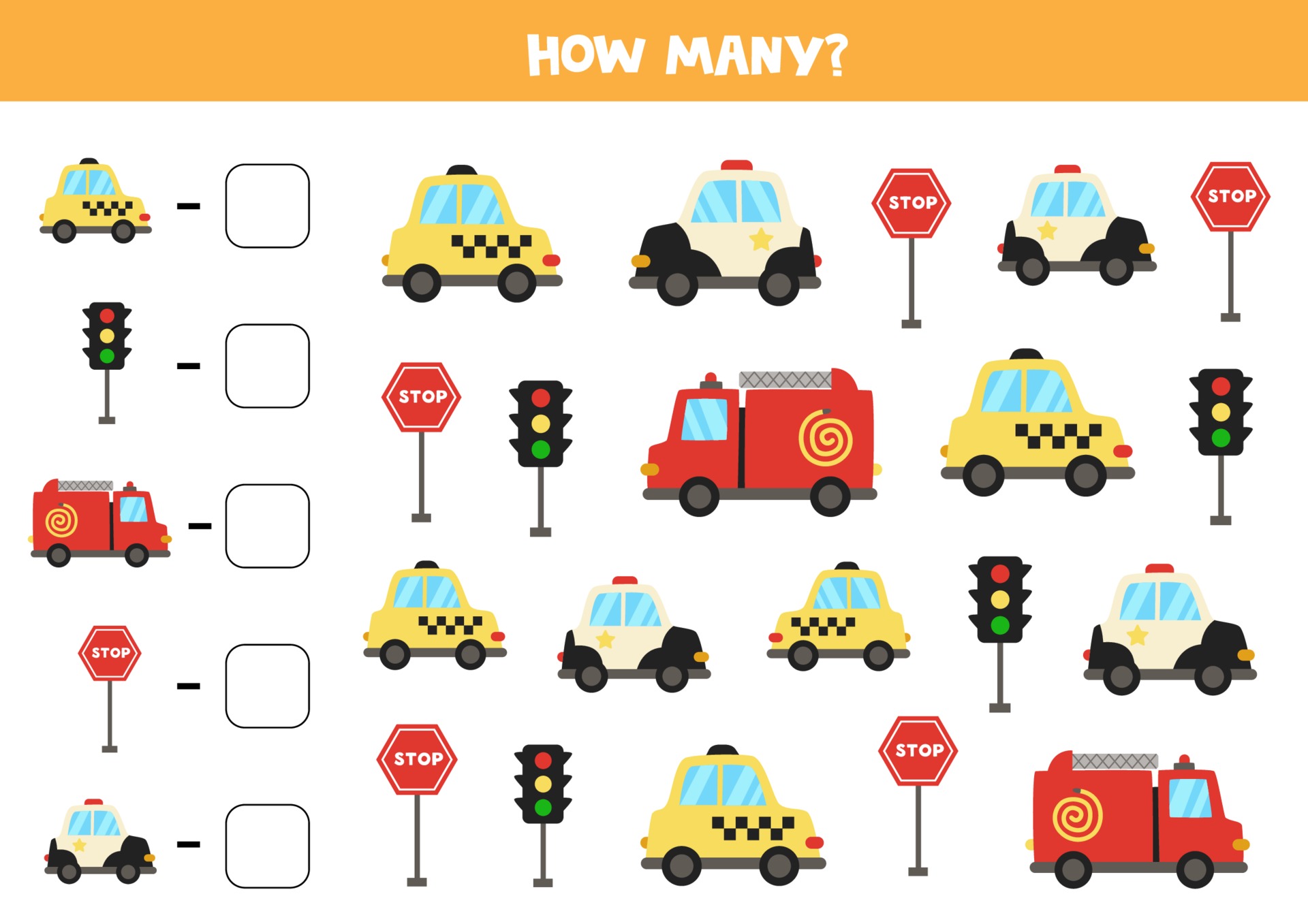 Math game. Count all vehicles. Transportation themed games. 2070014