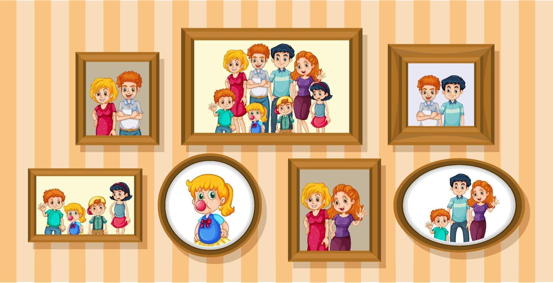 Set of happy family photo on the wooden frame vector