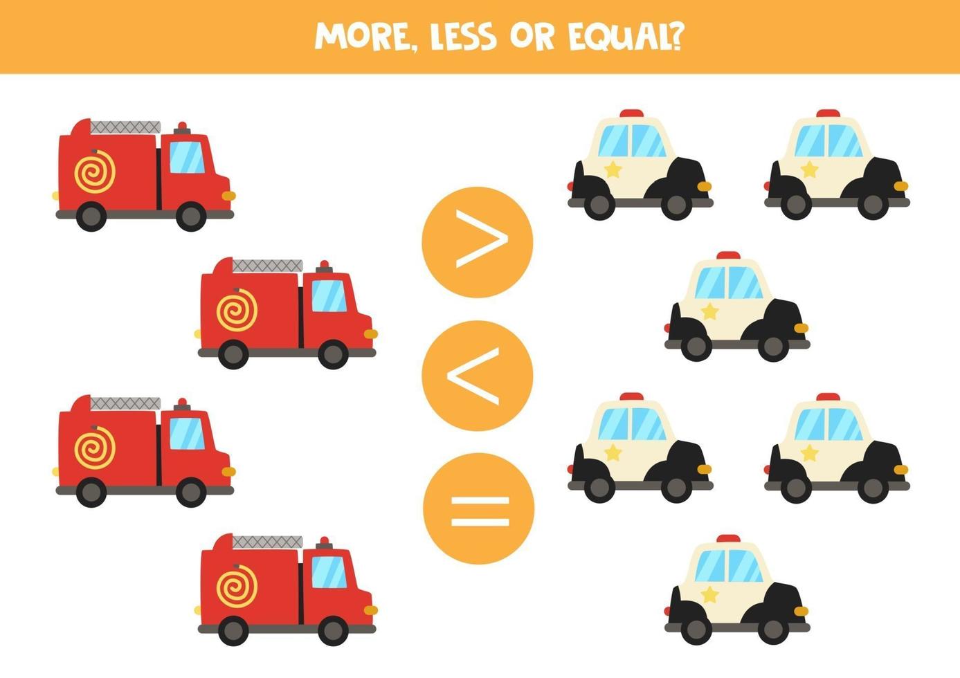 More, less, equal with police car and fire truck. vector