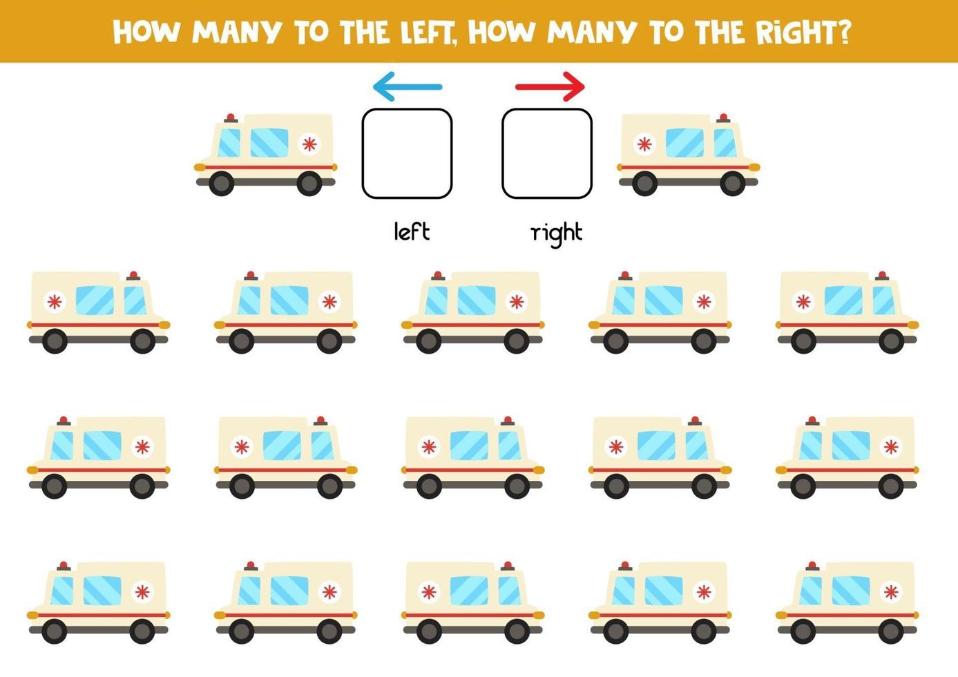 izquierda o derecha con ambulancia. hoja de trabajo lógica para niños en edad preescolar. vector