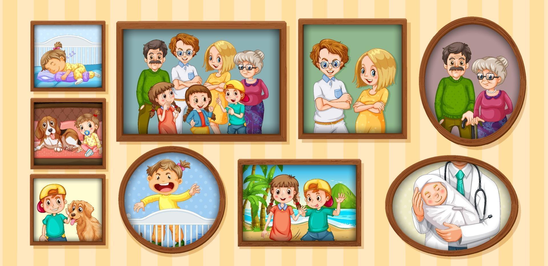 conjunto de foto de familia feliz en el marco de madera vector