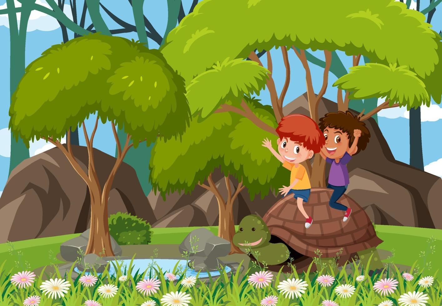 Forest scene with children playing with a turtle vector