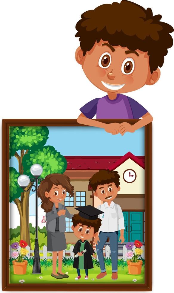 personaje de dibujos animados de un niño sosteniendo su foto de graduación vector