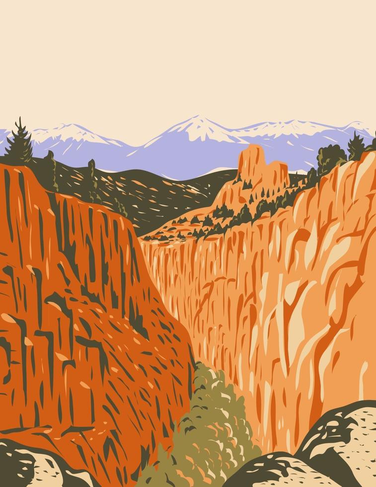 Monumento nacional del cañón de browns con cañones y bosques en el valle del río Arkansas y la cordillera de sawatch en el condado de chaffee colorado wpa poster art vector