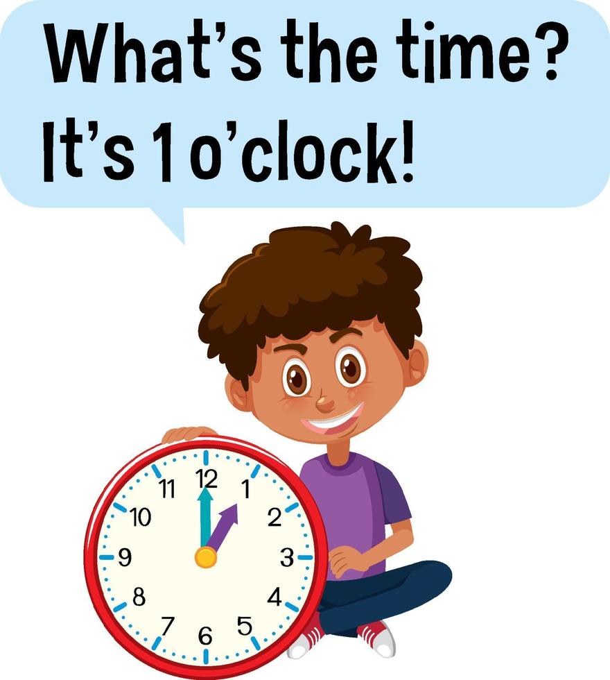 diciendo la hora con un niño sosteniendo un reloj vector