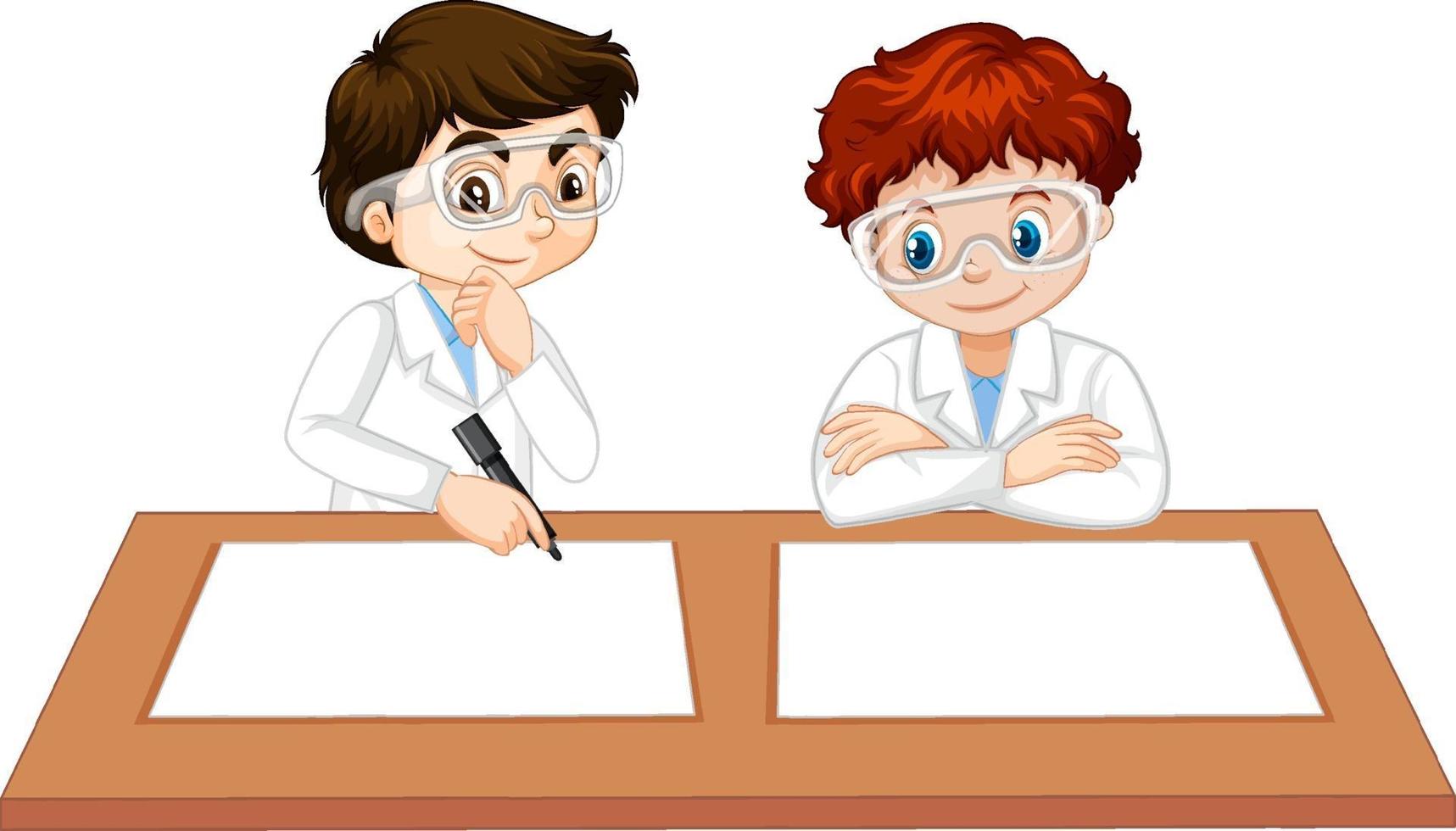 Two boys wearing scientist gown with empty paper on the table vector