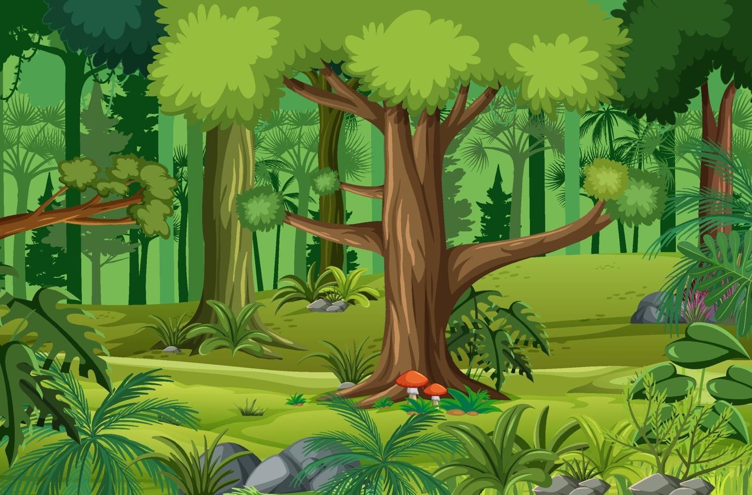 escena del bosque con muchos arboles. vector