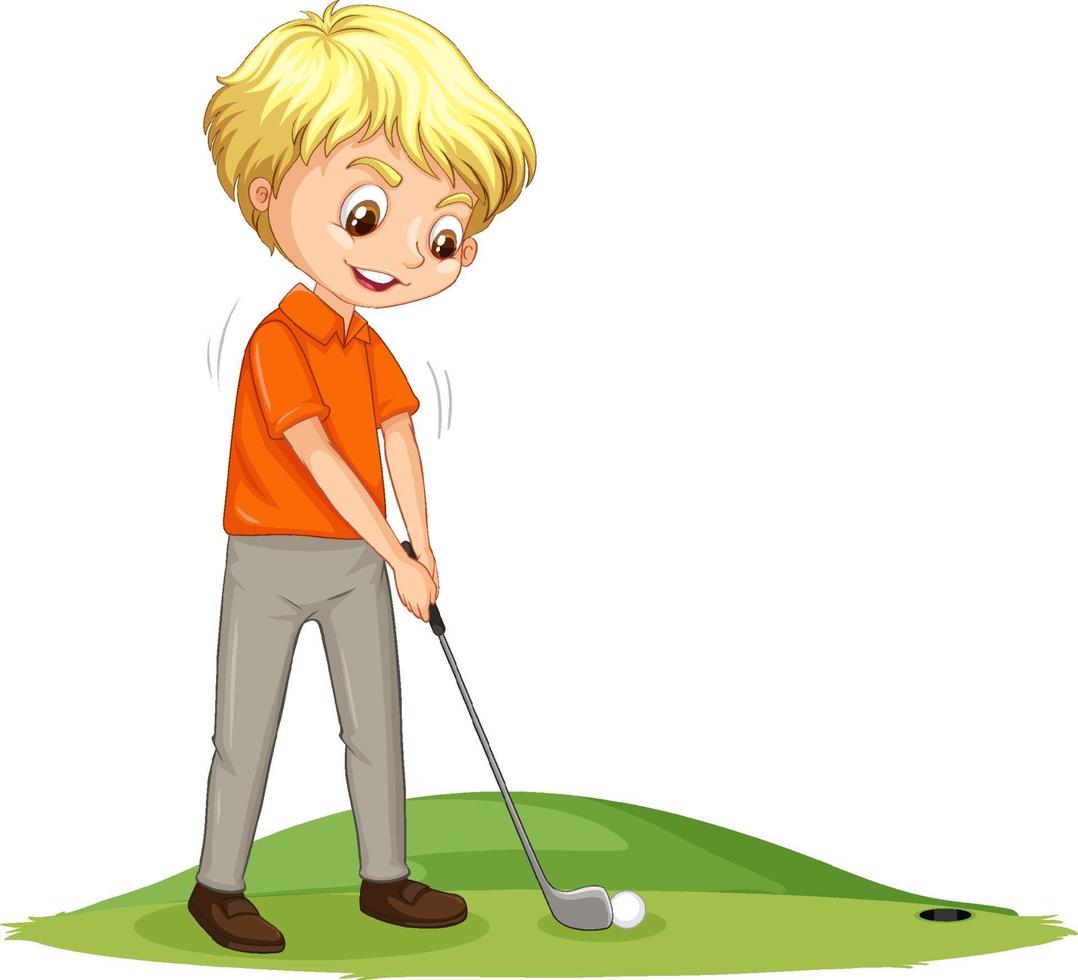 personaje de dibujos animados de un niño jugando al golf sobre fondo blanco vector