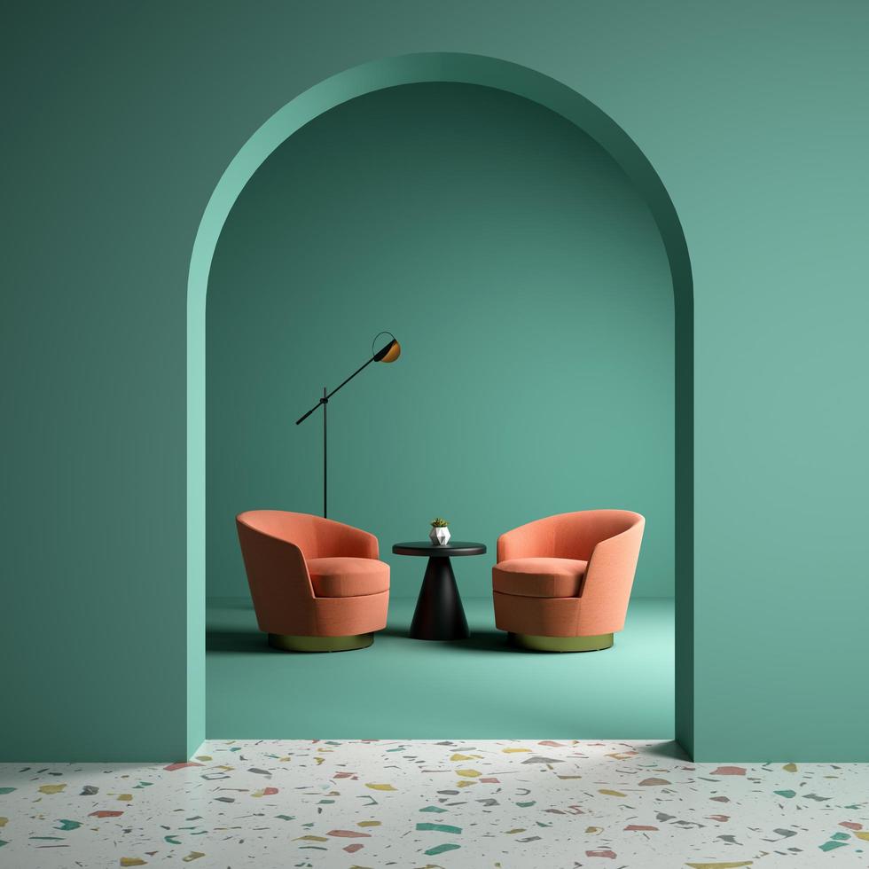 Sala interior conceptual de estilo memphis en ilustración 3d foto
