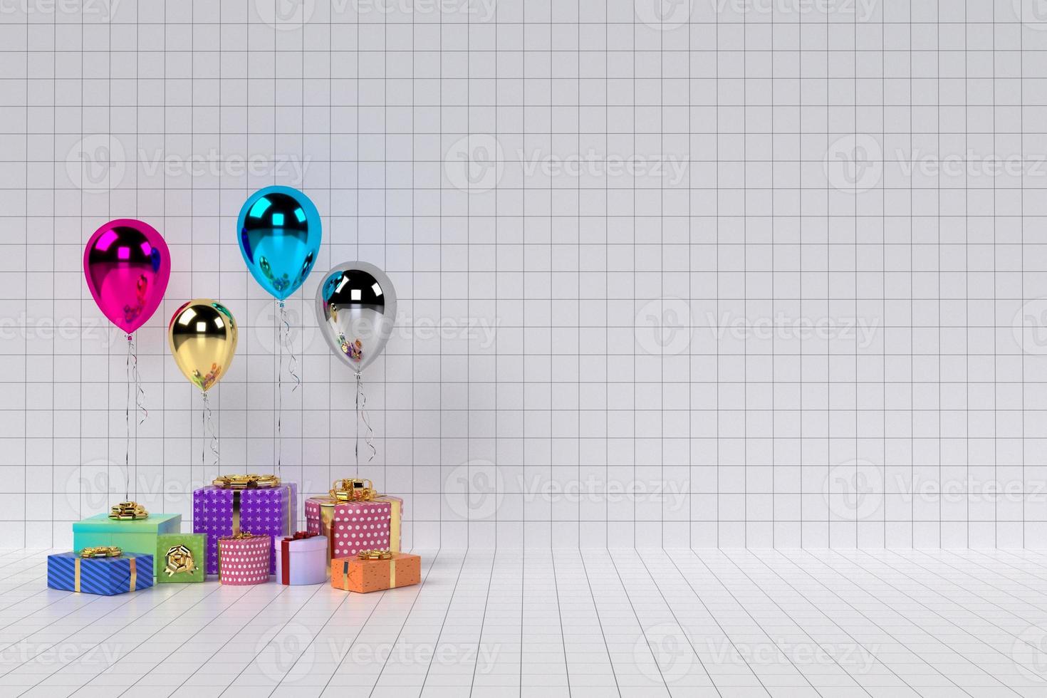 Cajas de regalo 3d con globos en el fondo foto