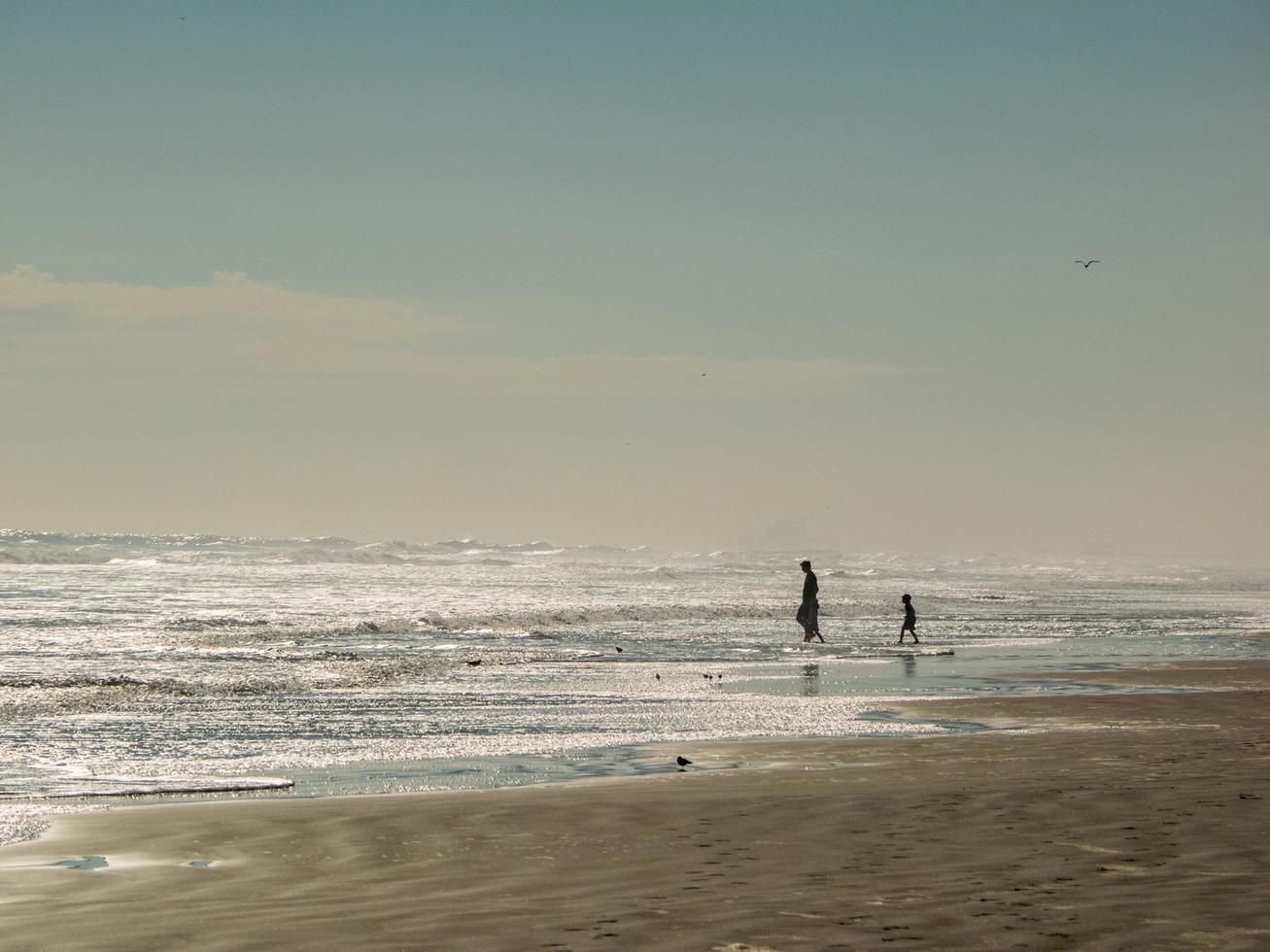 Siluetas de adultos y dos niños en una playa con cielo azul nublado foto