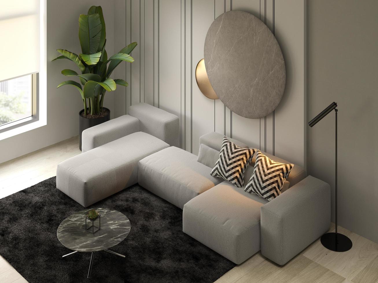 Interior minimalista de una moderna sala de estar en 3D. foto