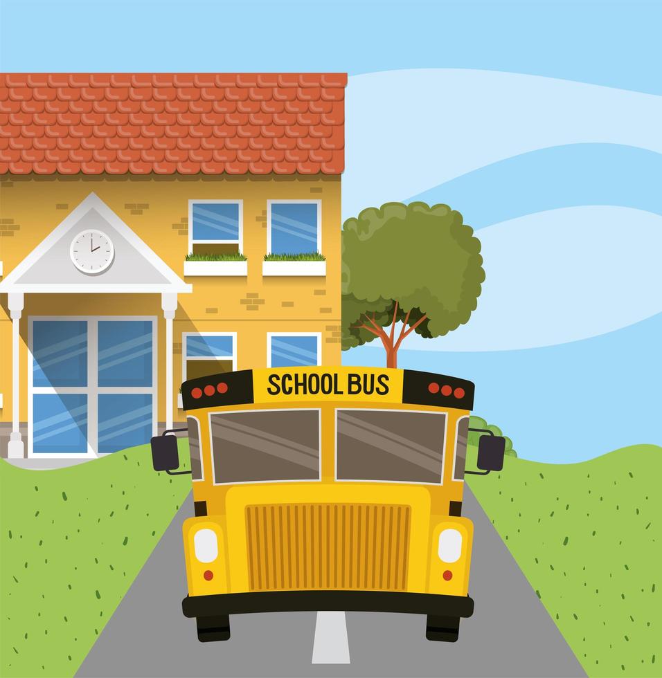 school building and bus in the road scene vector