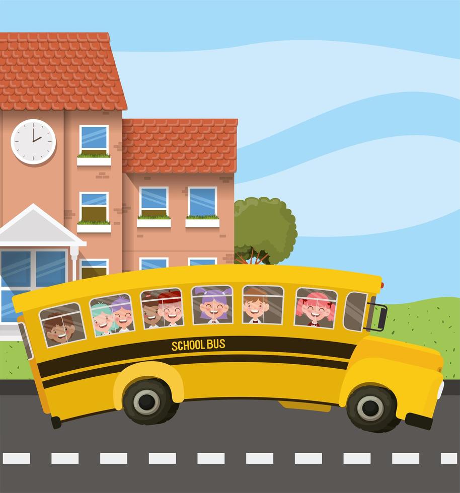 school building and bus with kids in the road scene vector