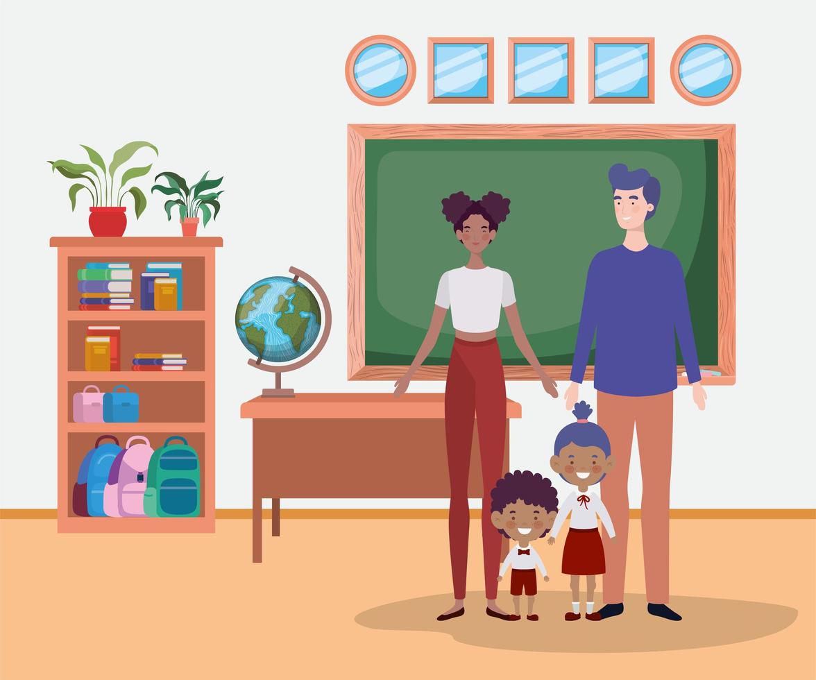 Cute interracial family in the classroom vector
