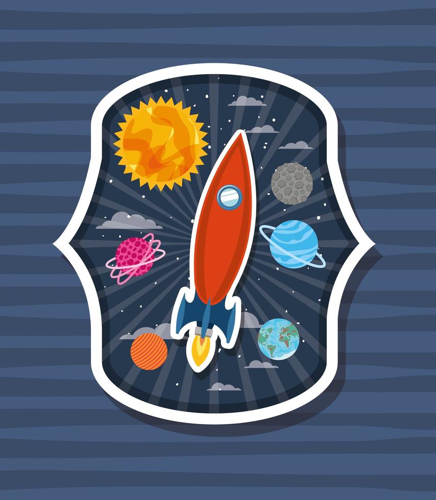 Rocket over label with planets design vector illustration