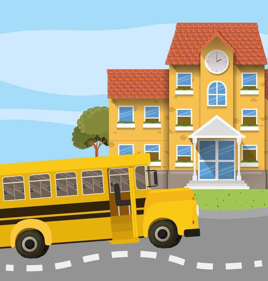 school building and bus in the road scene vector