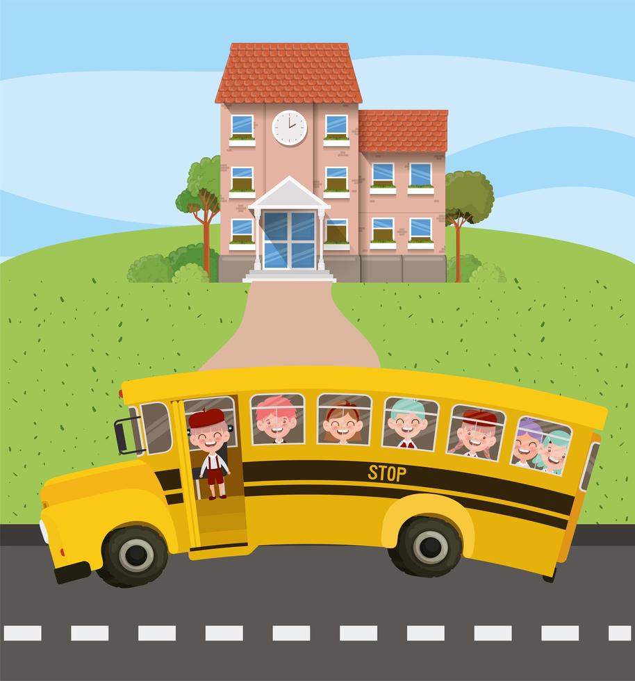 school building and bus with kids in the road scene vector