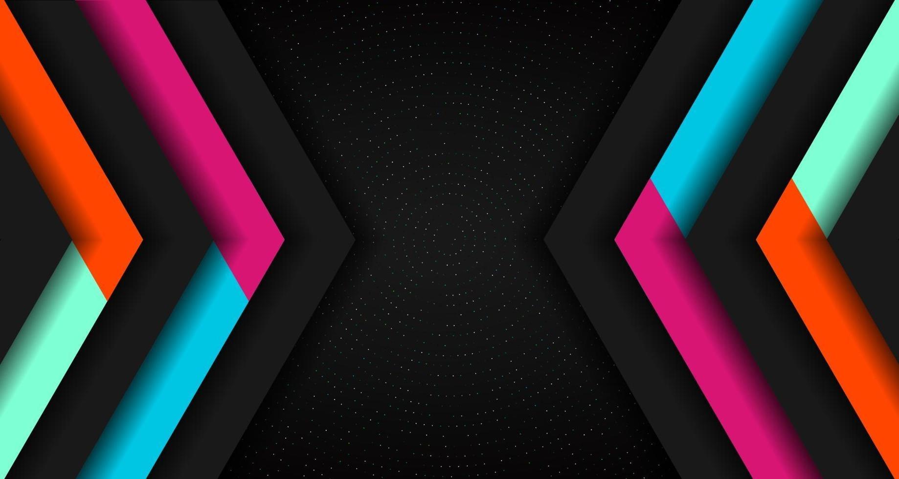 Abstract vibrant color triangle geometric overlap layer on glowing particles dots black background technology concept. vector