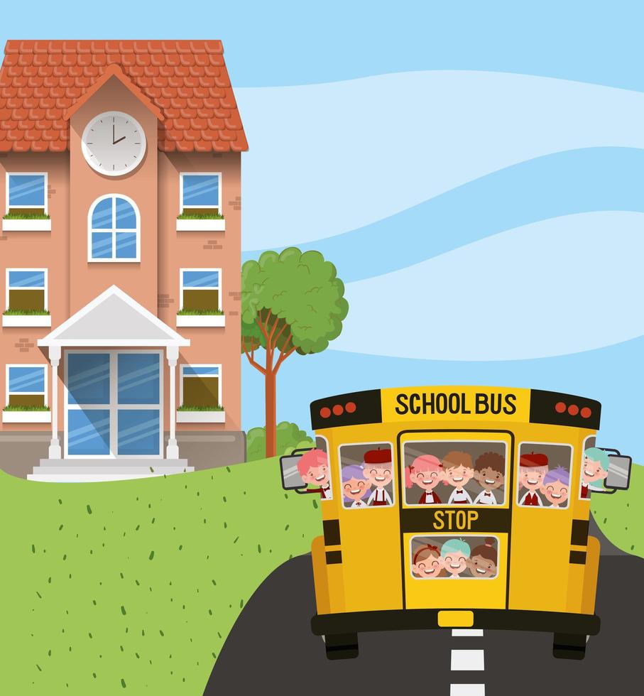 edificio escolar y autobús con niños en la escena de la carretera. vector