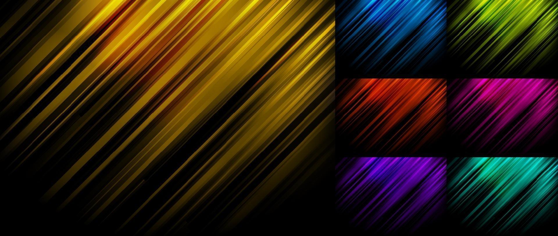 Set of abstract blue, yellow, green, red, pink, purple stripe diagonal lines light on black background vector