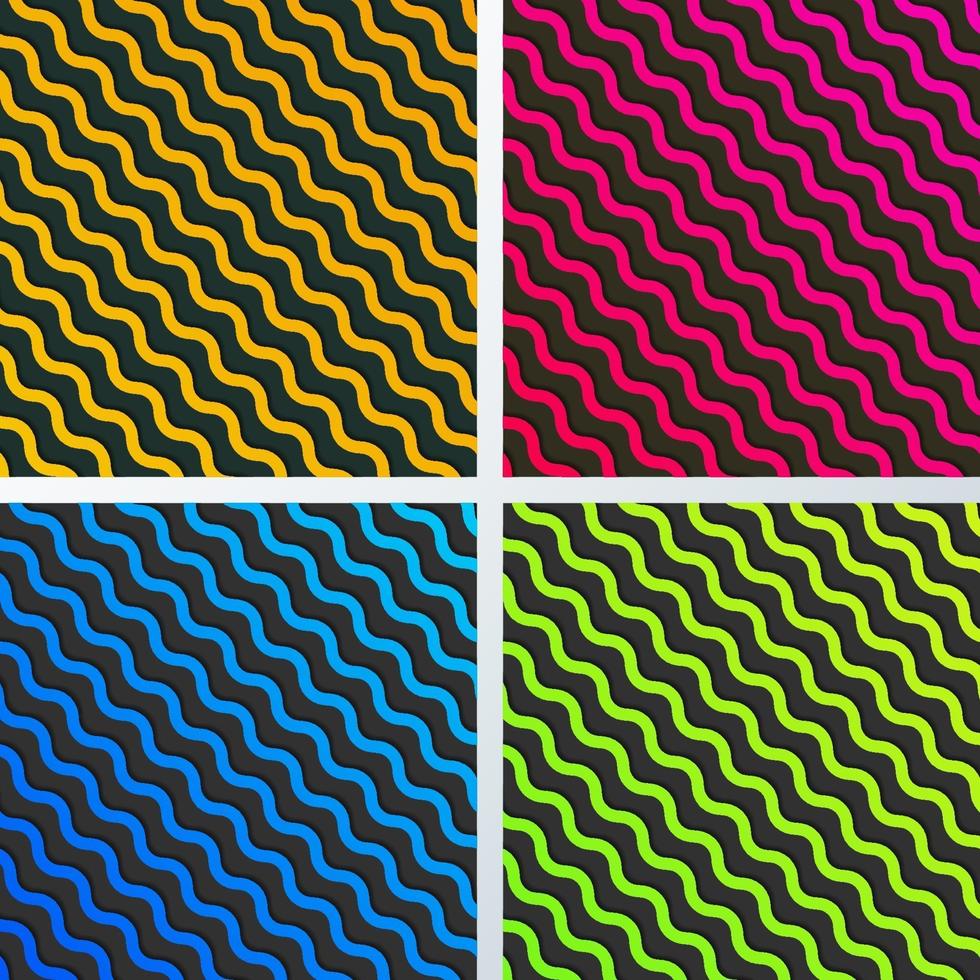 Set of abstract yellow, blue, pink and green diagonal wave lines pattern with shadow on black background and texture vector