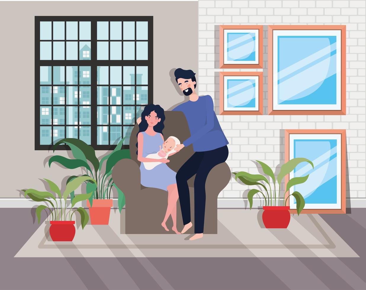 cute parents couple with newborn baby vector