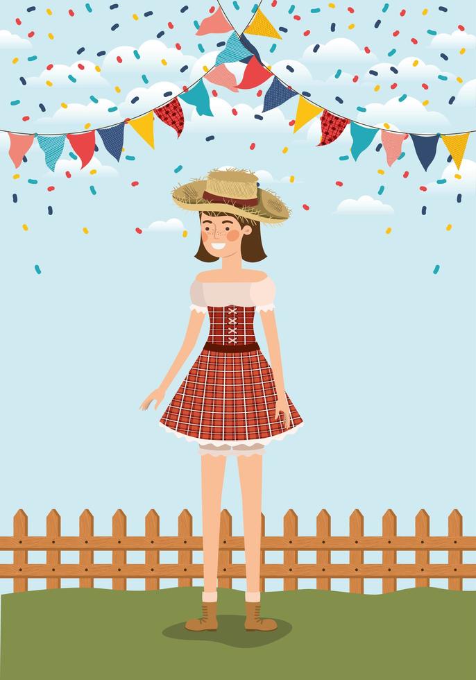 female farmer celebrating with garlands and fence vector