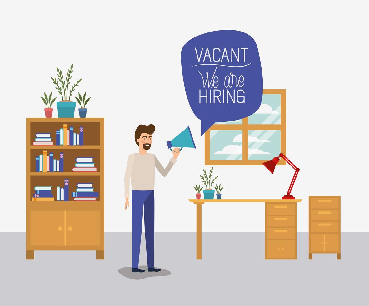 man using megaphone with we are hiring message in the office vector