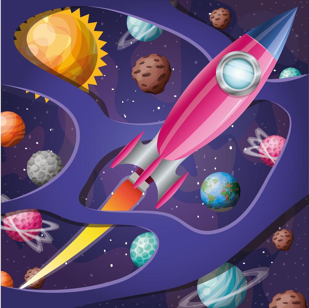 Rocket with flame and planets design vector illustration